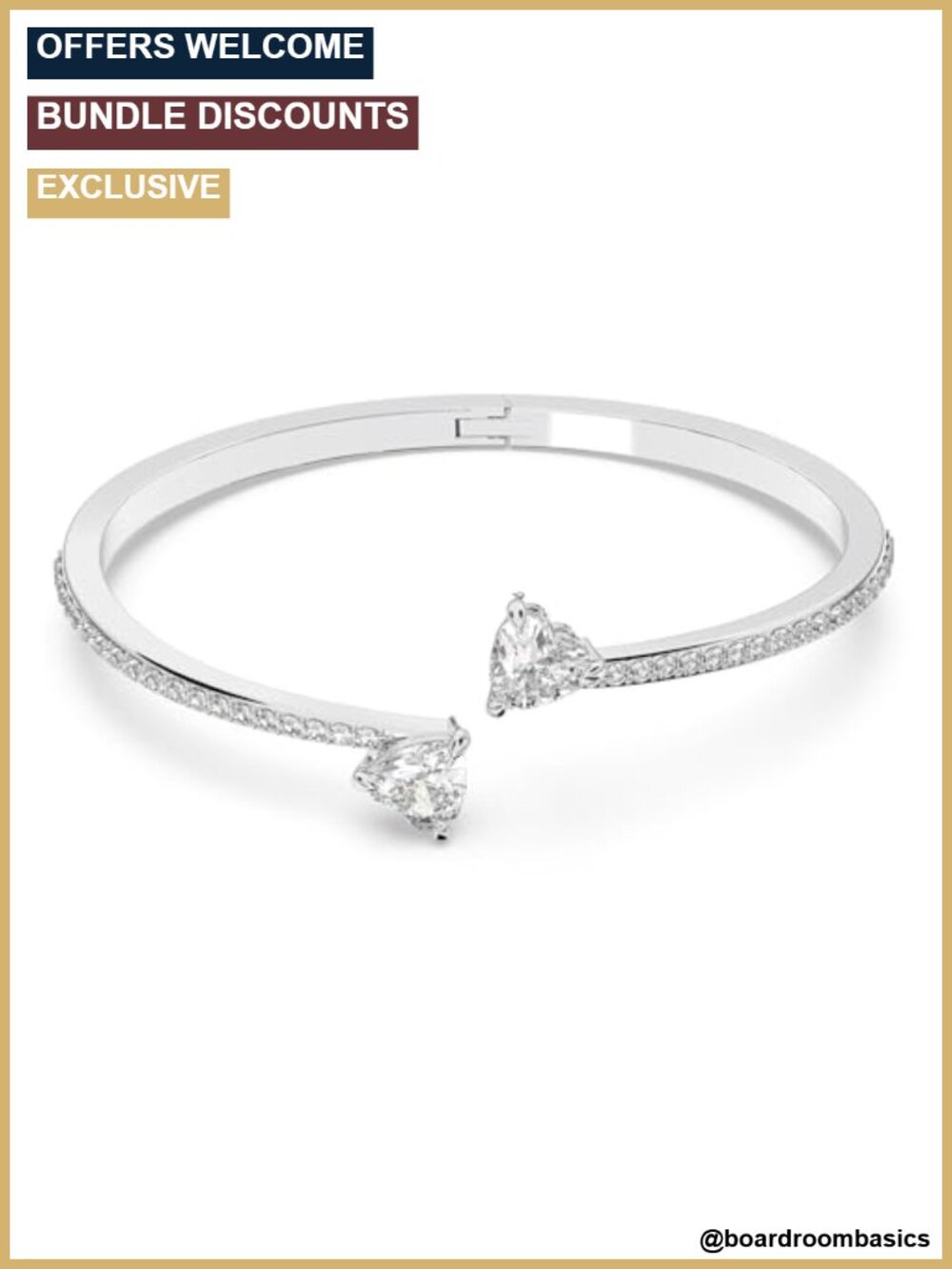 Rhodium Finish Heart Bangle Bracelet with Crystals, Small